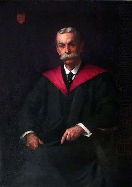 A contemporary replica of a painting of Percy Shaw Jeffrey, headmaster and academic, presented to him on his retirement; it shows him sitting in his r, unknow artist